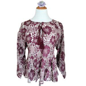 Solitaire Lace Boho Top L Burgundy Peplum Long Raglan Balloon Sleeve Tassels